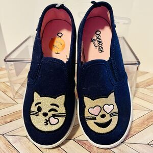 OshKosh B'Gosh Cat Emoji Sneakers Girls 11 Navy Blue Sparkly Pink Hearts Glitter